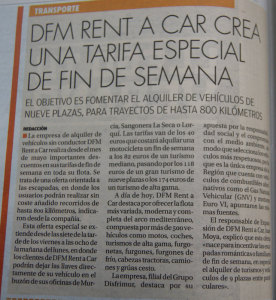 Noticia sobre la oferta de alquiler de vehículos de DFM Rent a Car en el diario La Opinión de Murcia. 